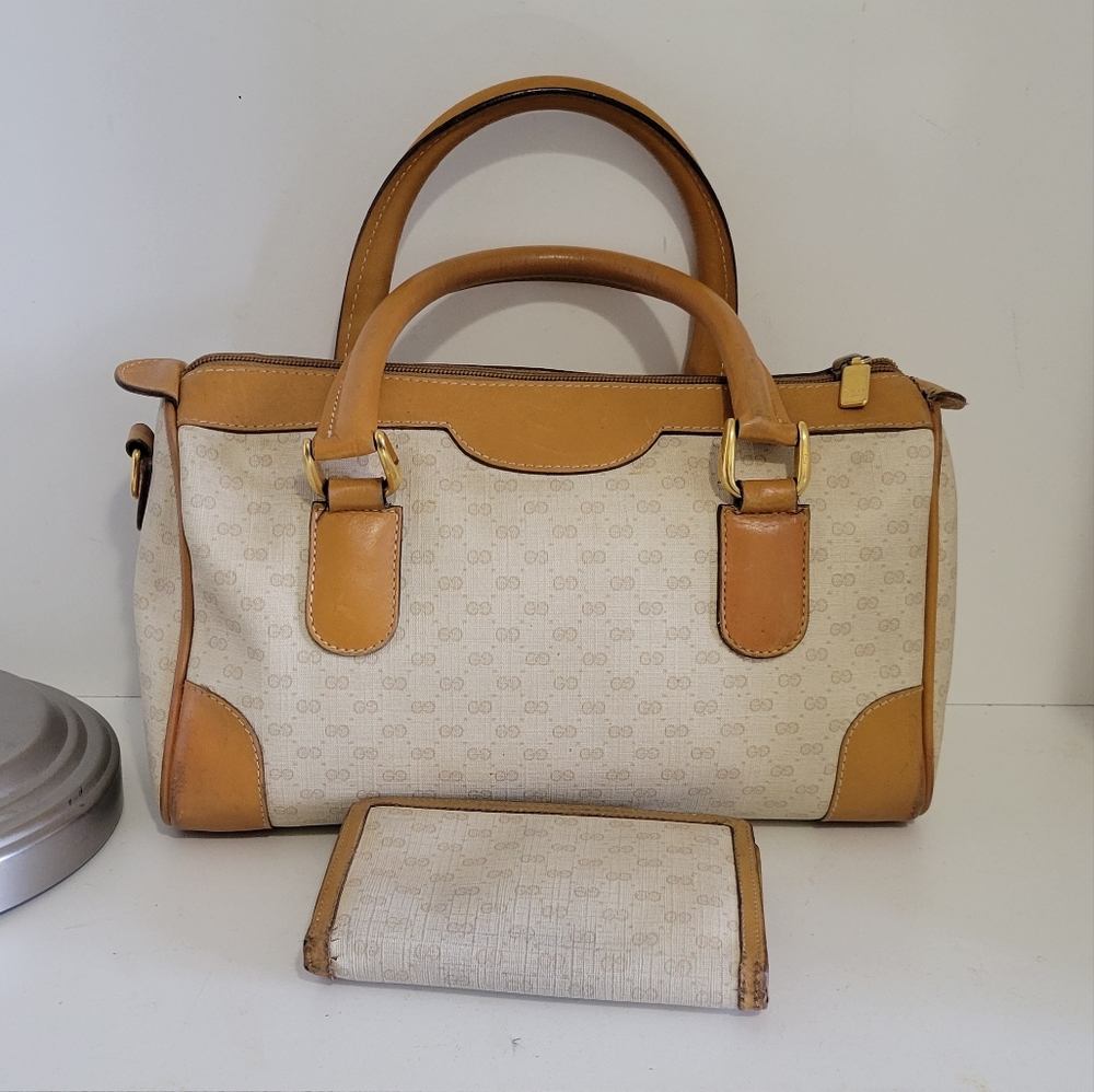GUCCI Coated Canvas/Leather Matching BAG & Wallet SET🔥IVORY/Camel🤩VGUC/Vintage - Picture 11 of 16